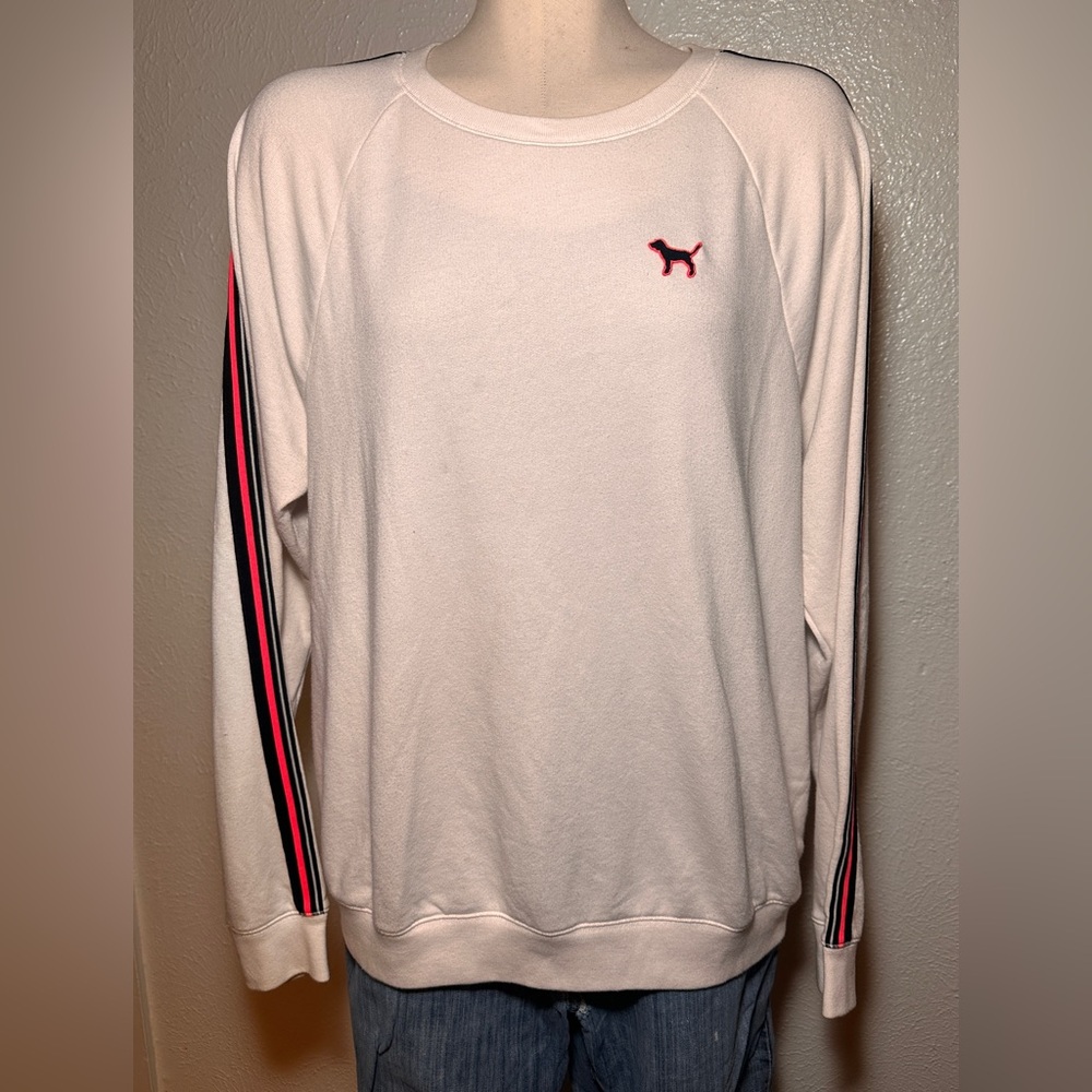 Victoria's Secret PINK Crewneck Sweatshirt Large Pink and Black Sleeves
